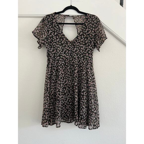 Volcom Black Floral Mini Dress Womens 12 Cottagecore Whimsy Artsy Coquette - Picture 1 of 14